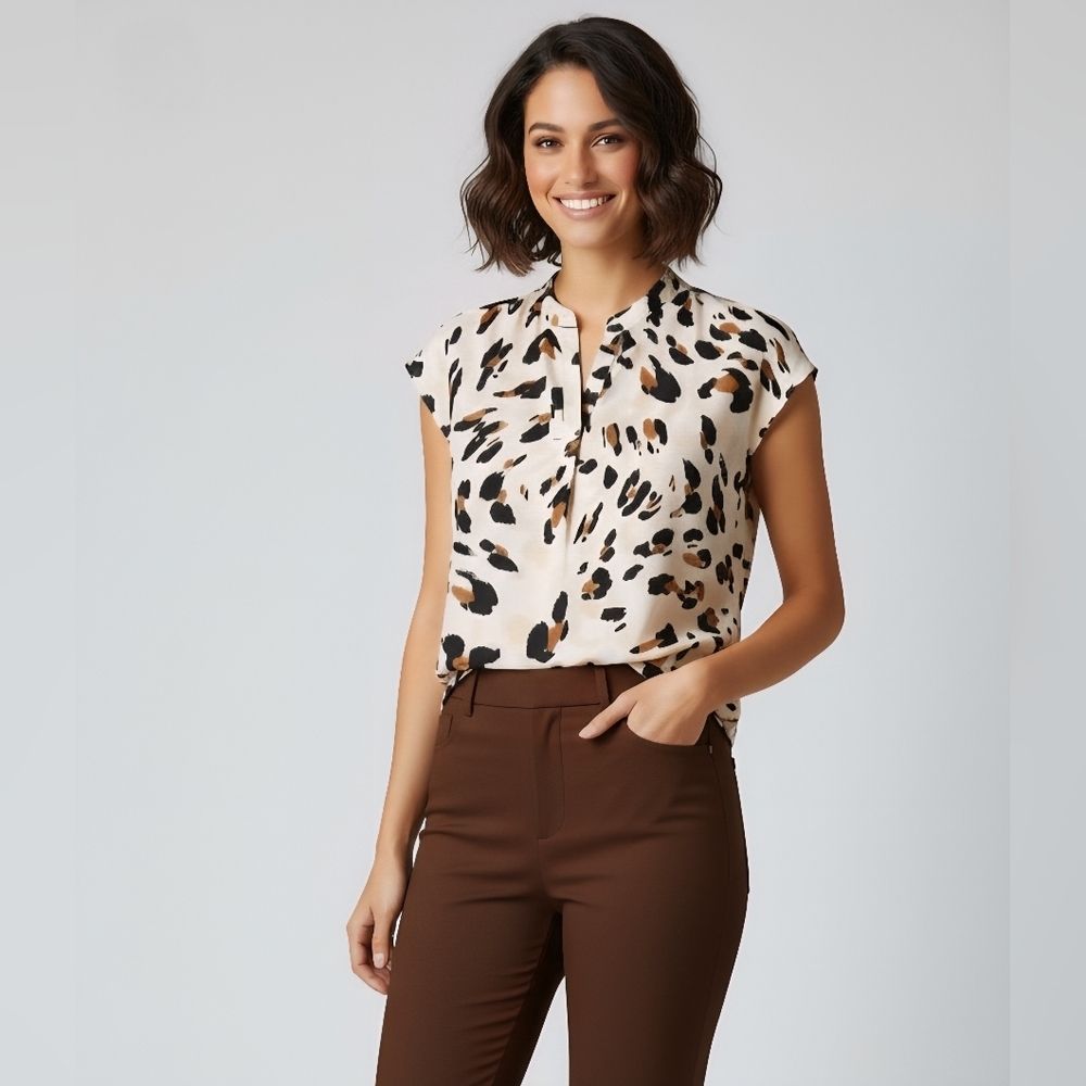 W5 Leopard, Animal Print Women's Top, Blouse  Beige, Brown- Sz M, Soft Mob Wife